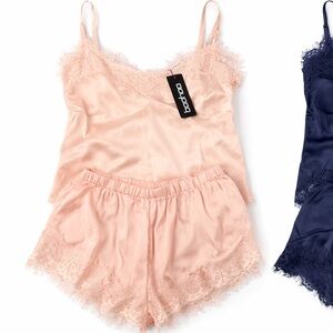 Boohoo Satin Cami Set with Lace Trim - Pink and Navy